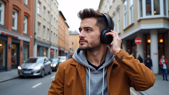 Man Listening to Music on Urban Street