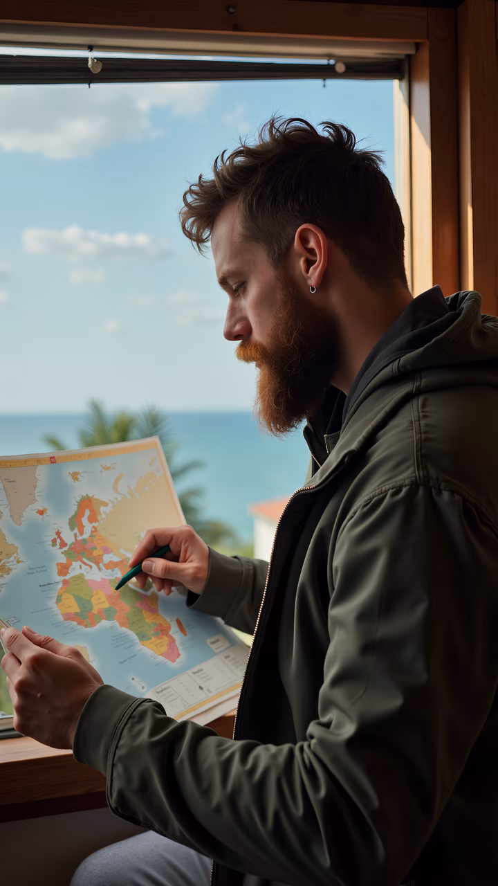 Man planning trip, looking at map, ocean view, travel inspiration