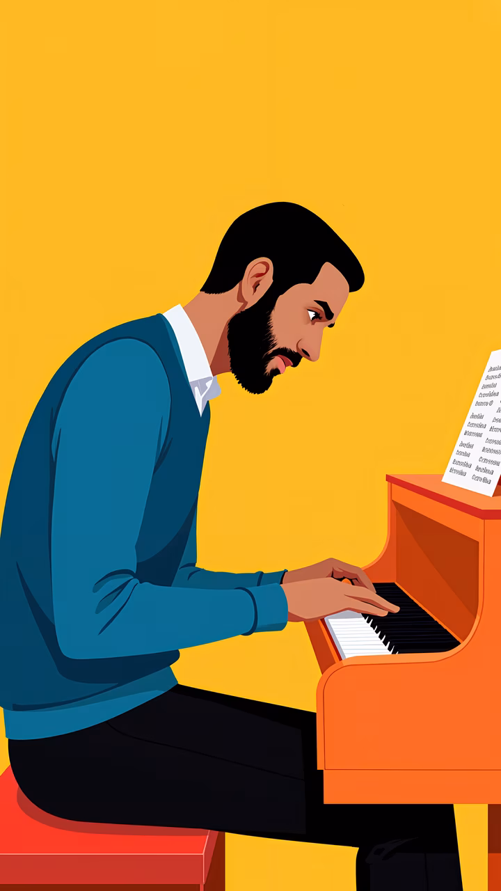 A man playing piano against a bright yellow backdrop, capturing musical passion and energy.