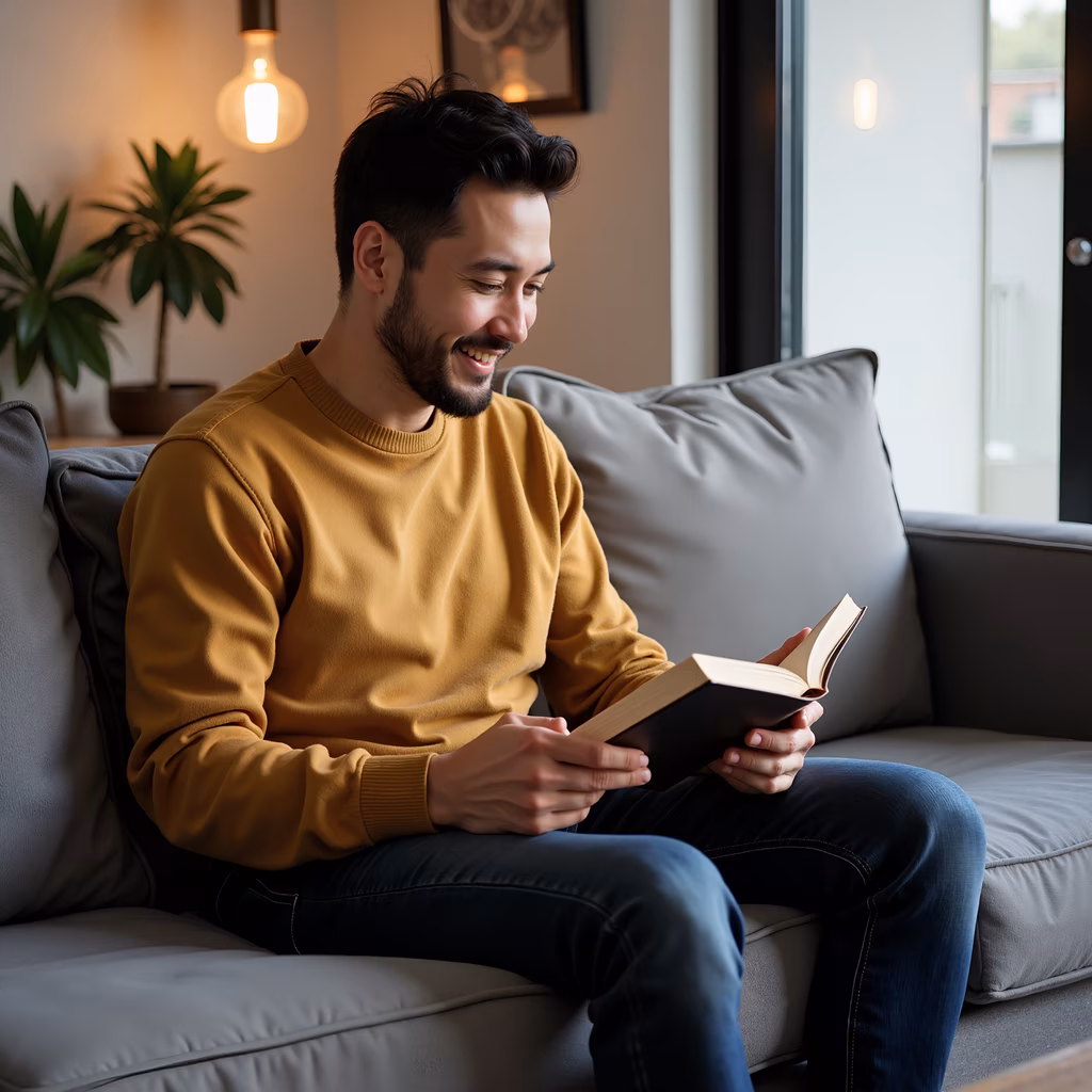 Relaxed man reading a book in a cozy setting.