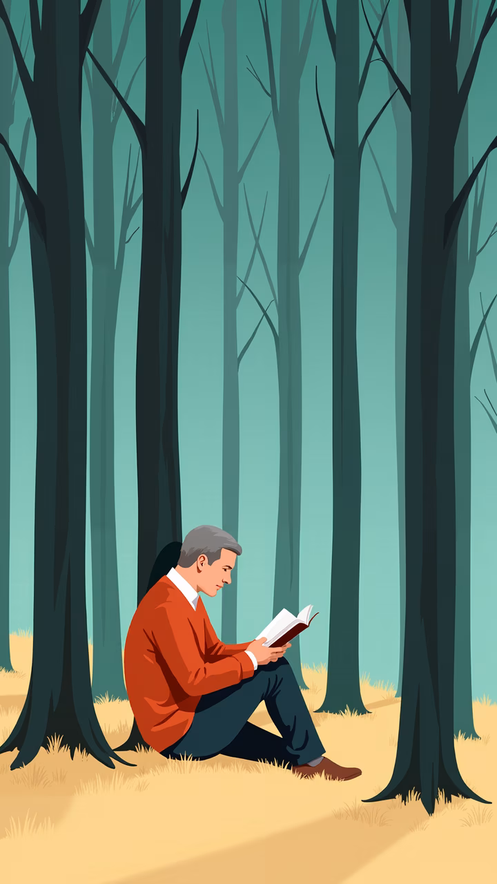 Minimalist illustration of a man reading in a serene forest setting.