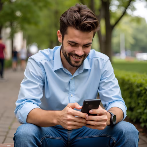 Man Smiling While Using Phone