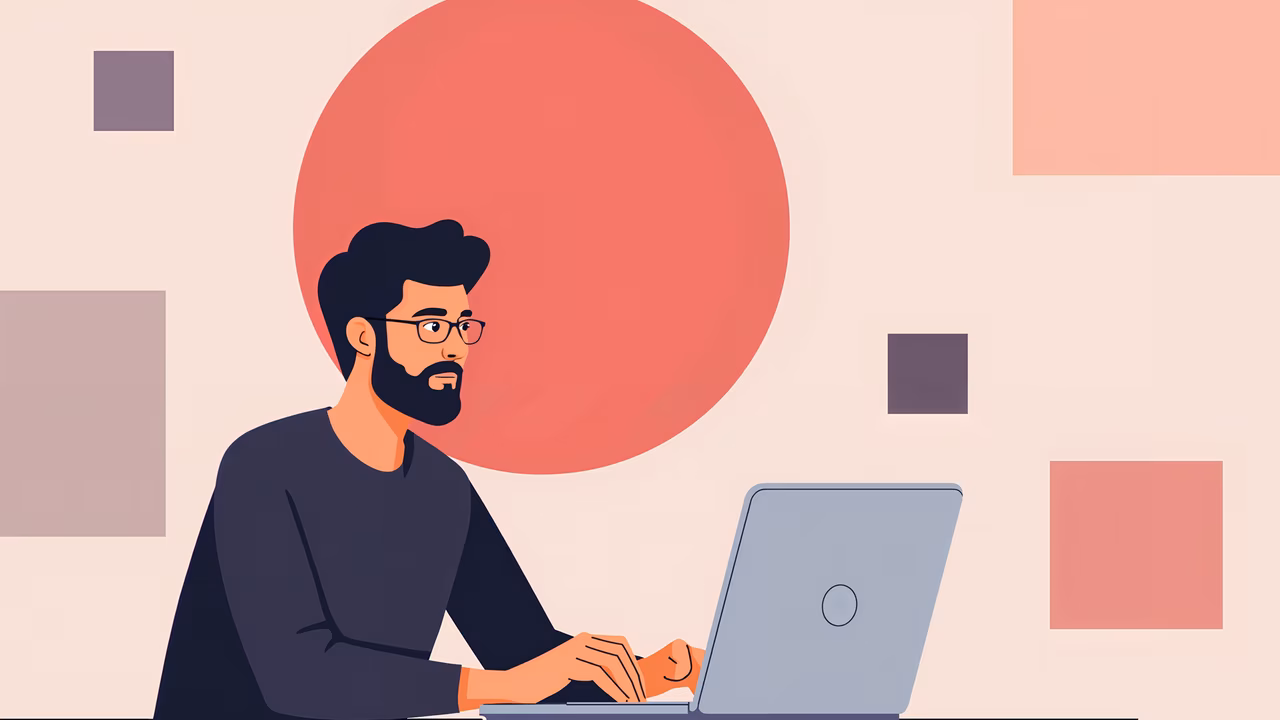 Minimalist digital illustration of a focused individual working on a laptop.