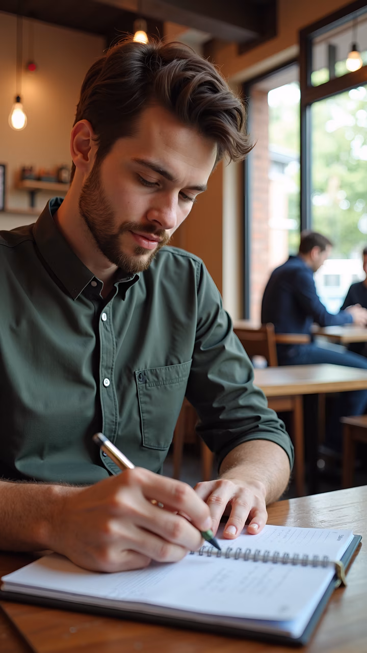 Focused individual writing in a cozy café setting.