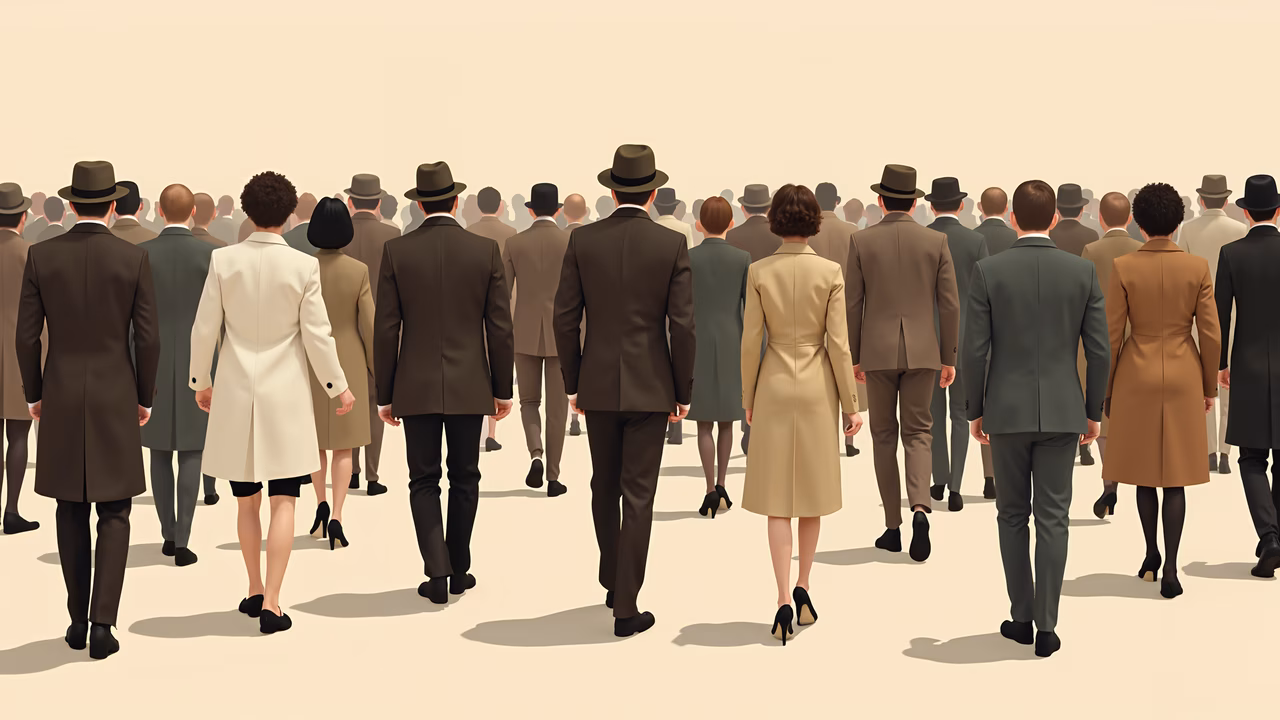 A group of formally dressed individuals marching forward in a unified manner.