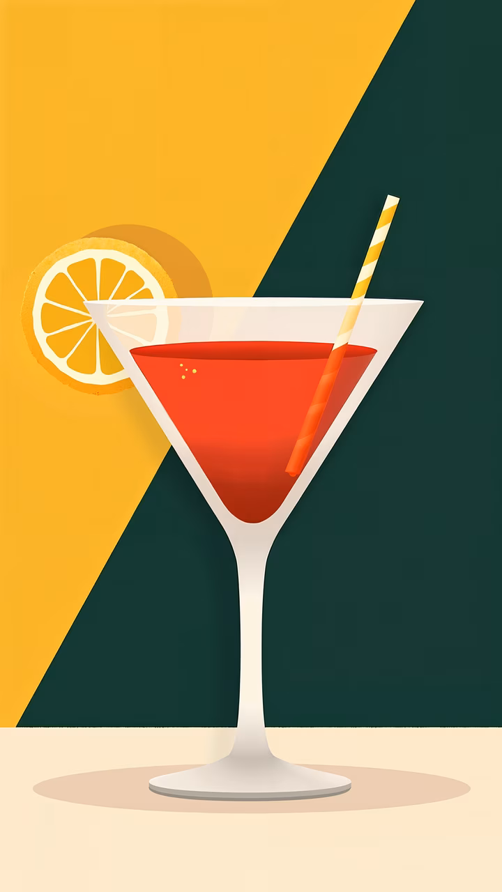 A stylish illustration of a martini cocktail with a lemon garnish and striped straw against a bold color split background.