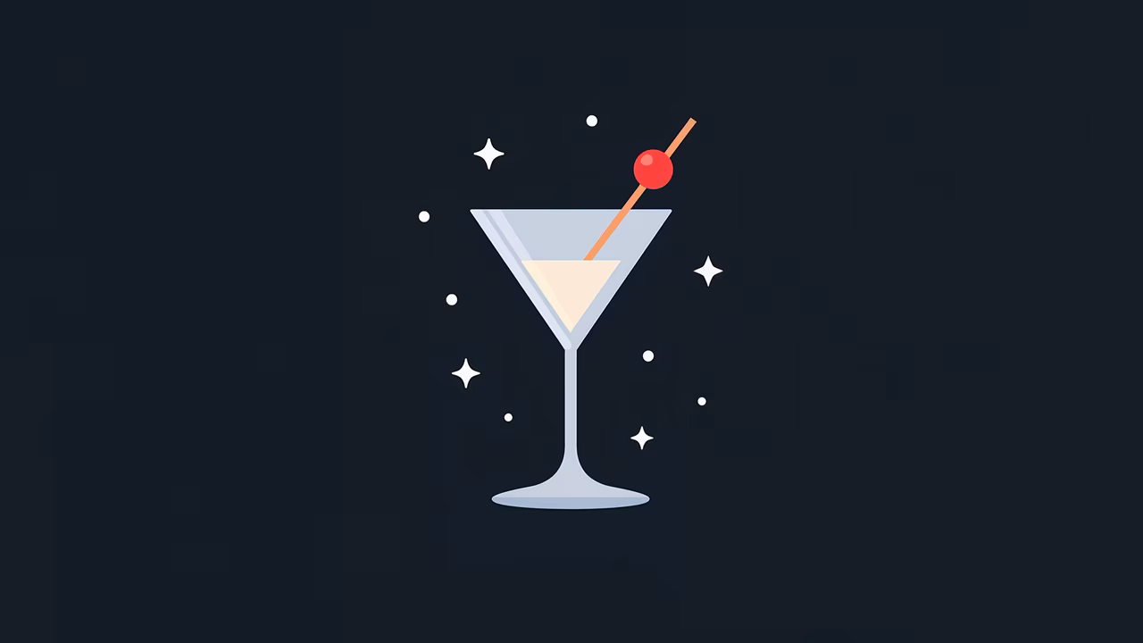 Minimalist illustration of a classic martini with a cherry garnish against a starry backdrop.