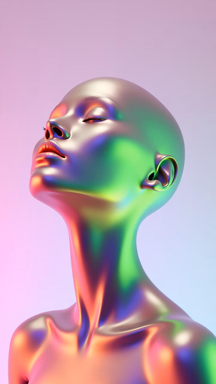 A serene metallic woman with reflective skin against a gradient background.