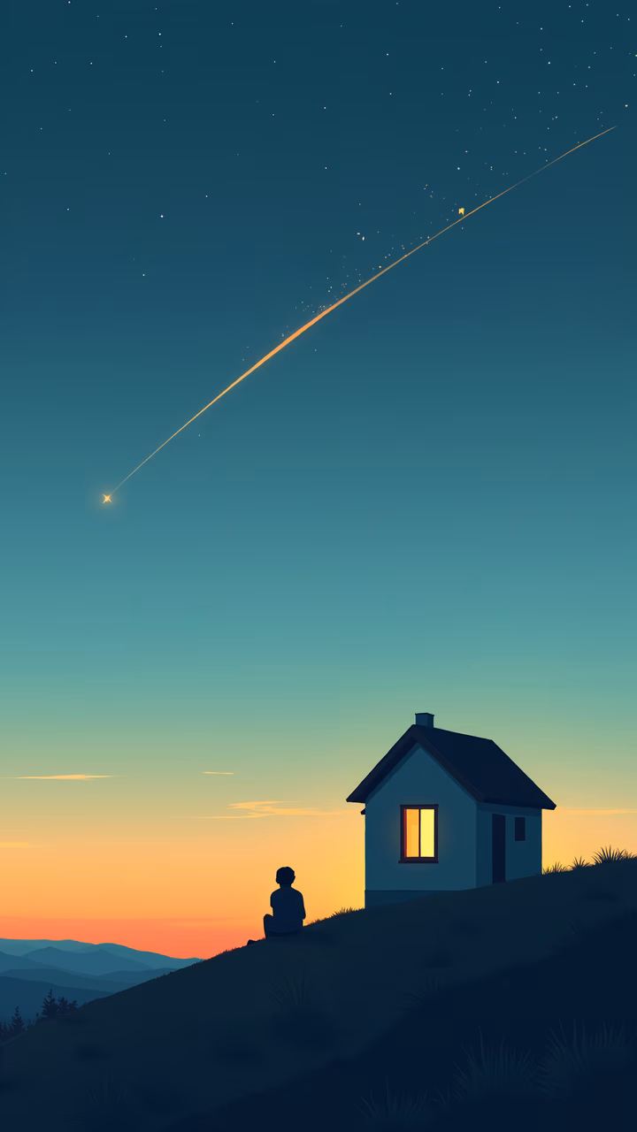 Solitary figure admiring a meteor shower over a peaceful landscape.