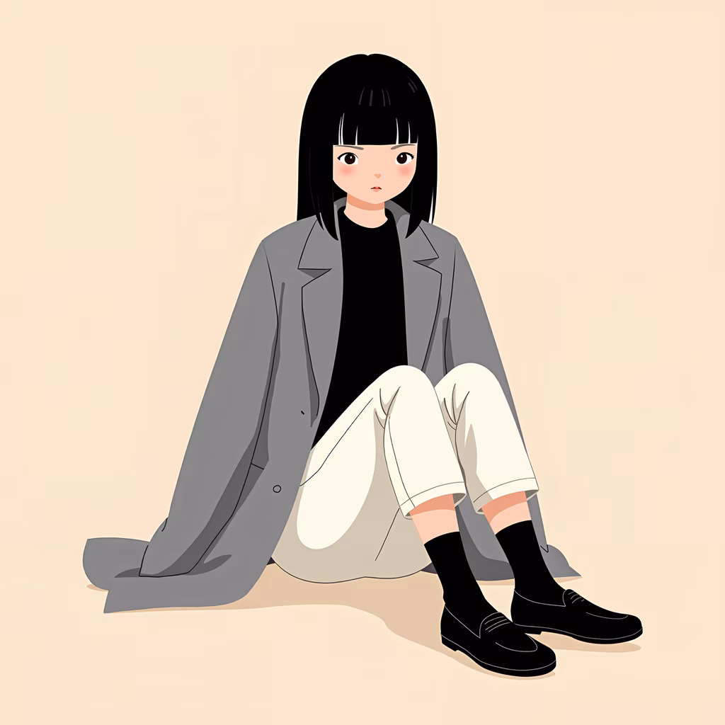 Minimalist fashion illustration featuring a seated figure in a sleek outfit.