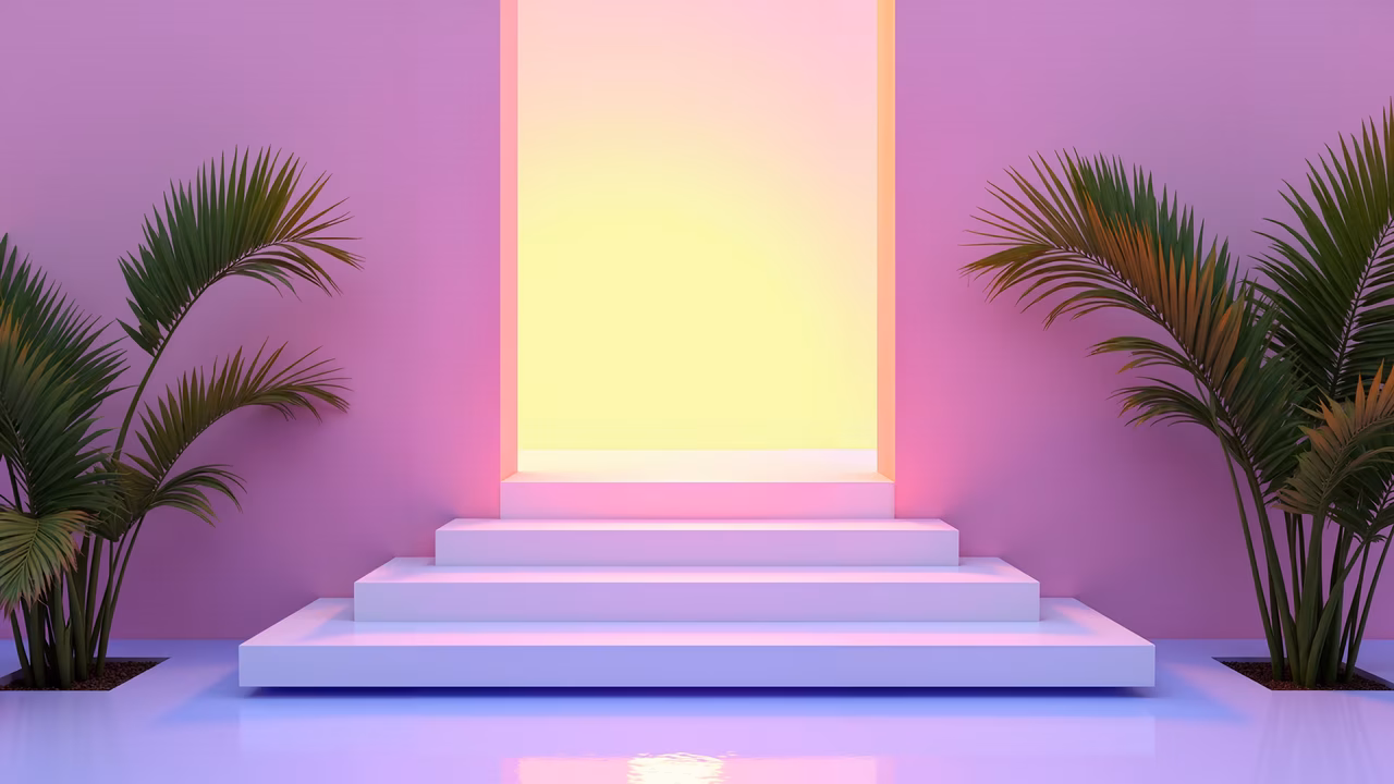 A modern podium with palm trees and warm lighting in a minimalist setting.