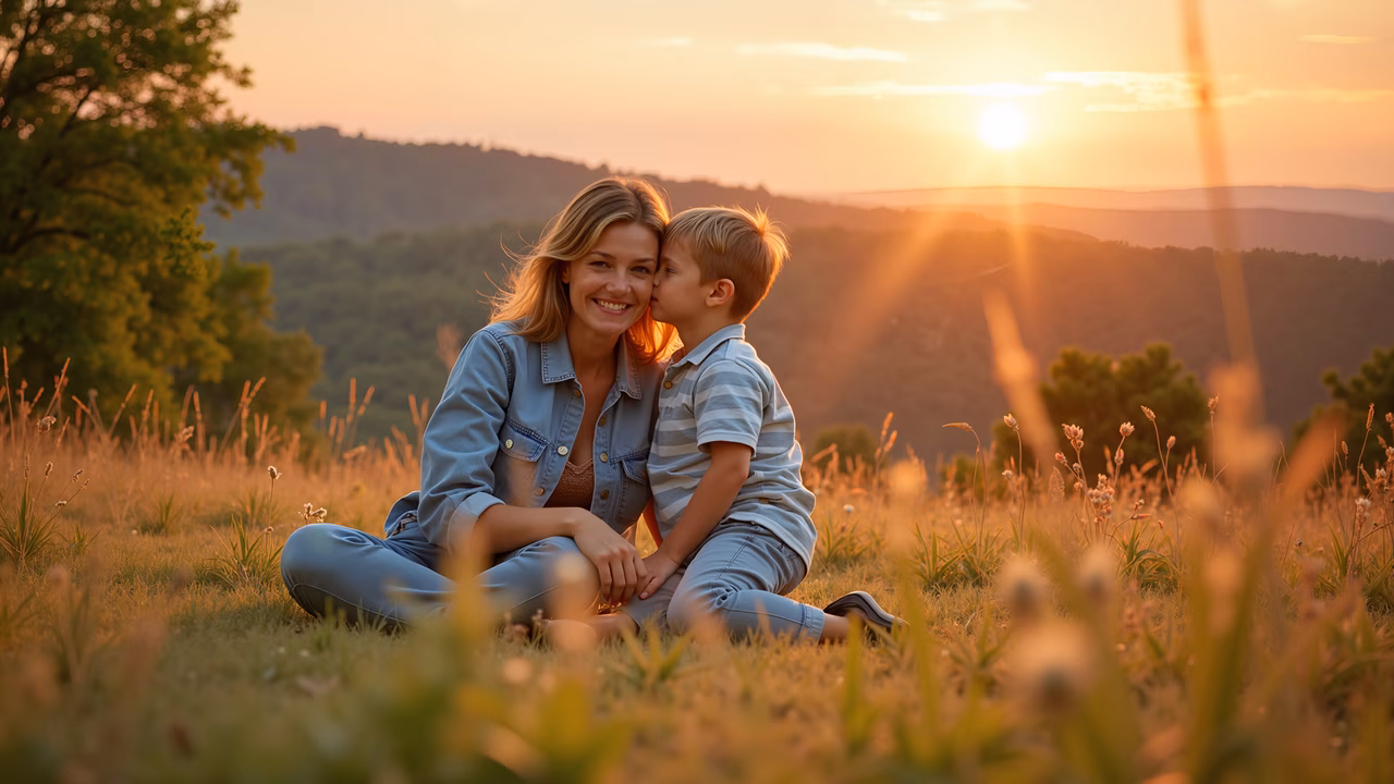 Mother and son share a tender moment at sunset, capturing the warmth of family love.