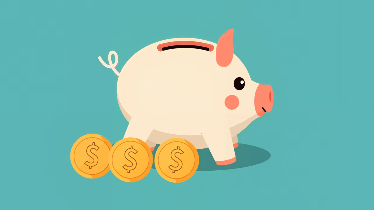 A cute piggy bank surrounded by gold coins, symbolizing savings and financial growth.
