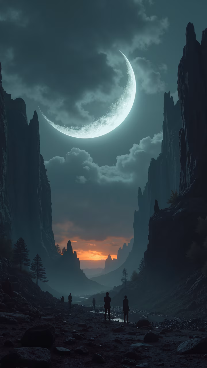 A moonlit canyon at dusk, serene and mystical.