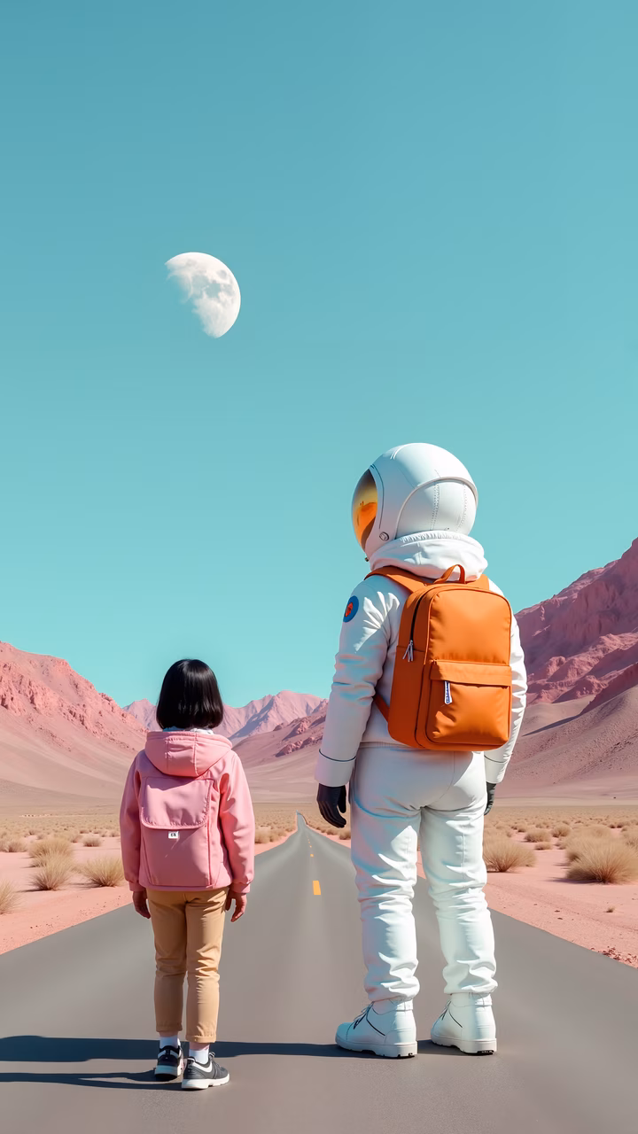 Two figures on a road in a desert under a moonlit sky, blending science fiction and adventure themes.