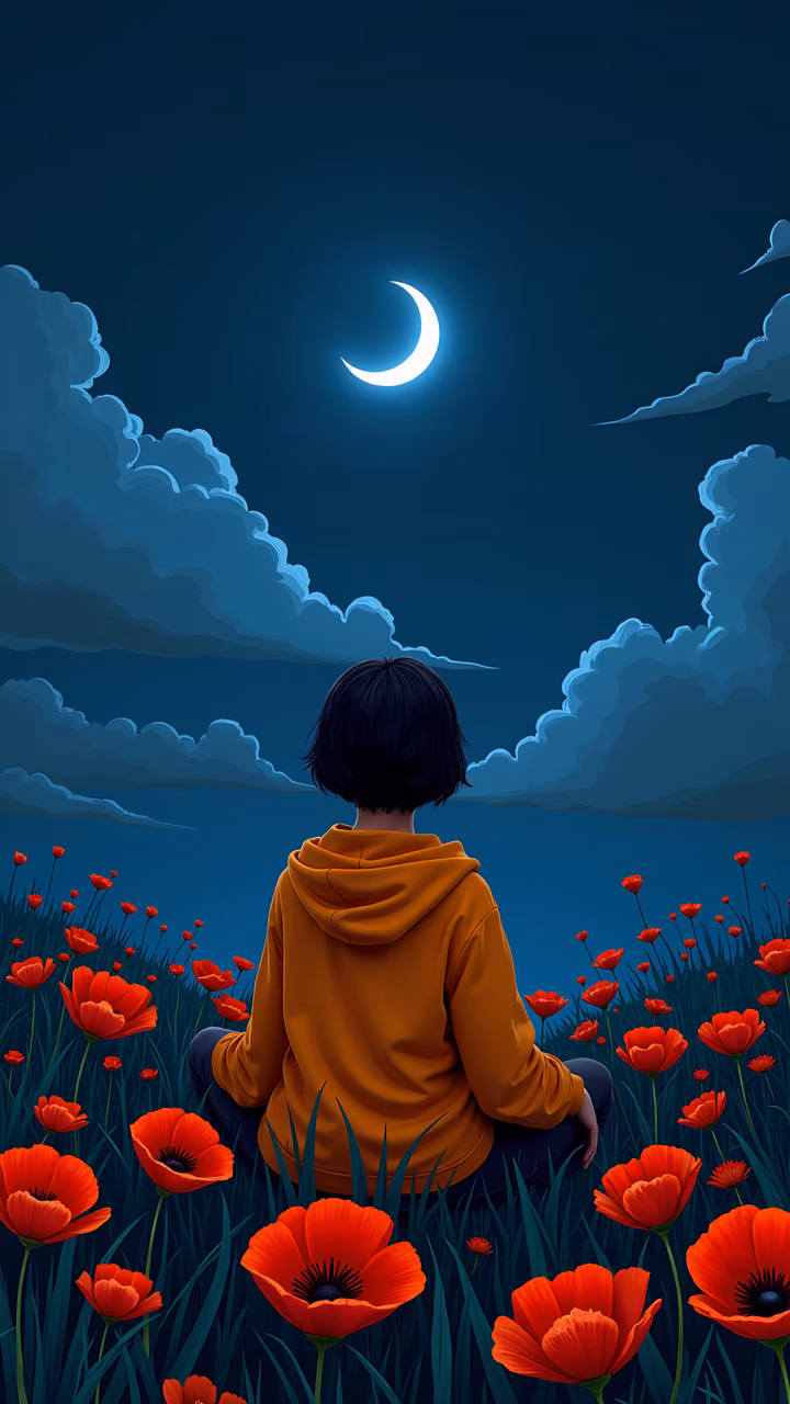 A peaceful night scene with a person sitting among poppies under a crescent moon.
