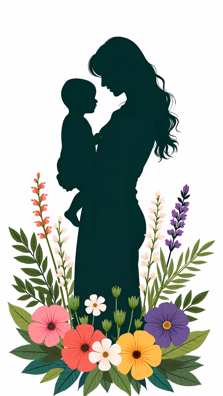 A heartwarming silhouette of a mother holding her child amidst a colorful floral backdrop.