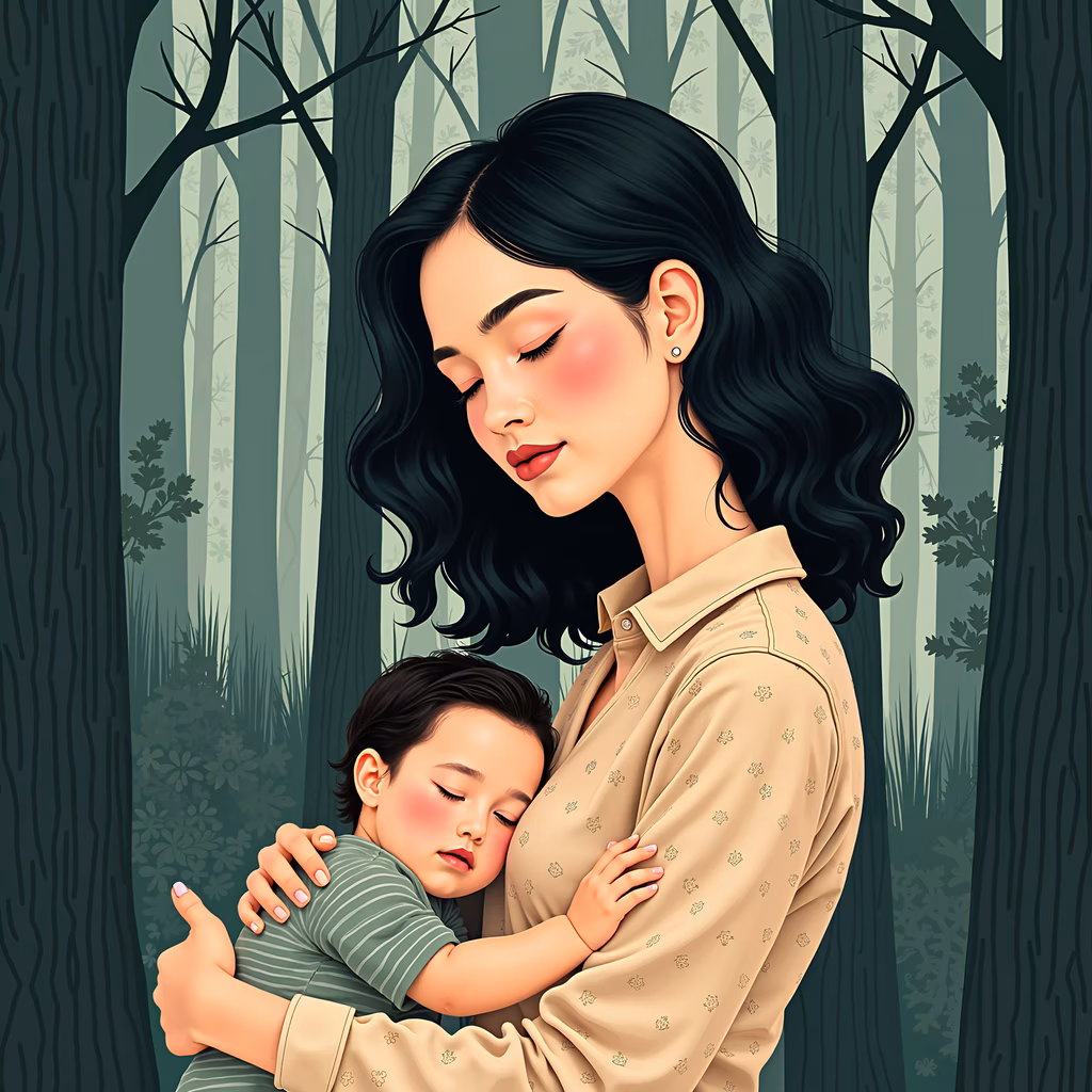 A heartwarming illustration of a mother embracing her sleeping child in a peaceful forest setting.