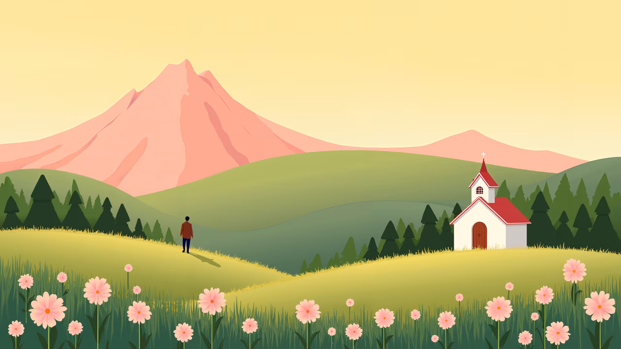 A peaceful illustration of a chapel in a mountainous landscape with a lone figure walking towards it.