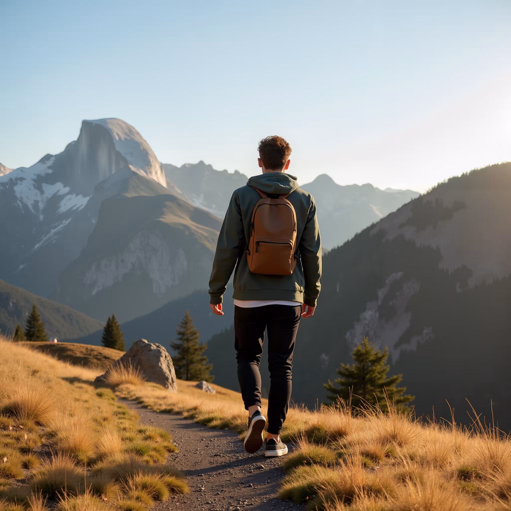 A hiker admires the mountainous landscape under a golden sky.
