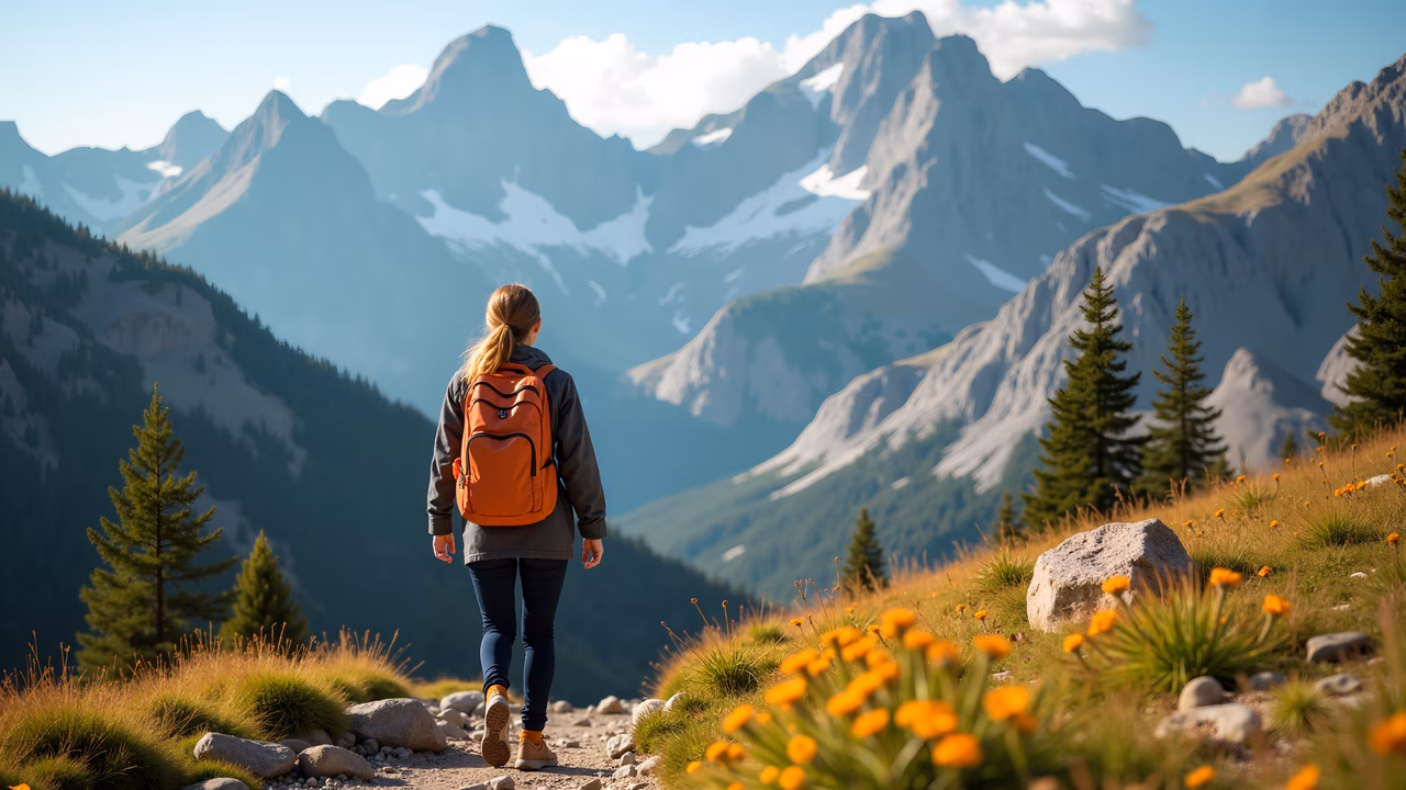 Solitary hiker admiring mountain peaks under golden light.