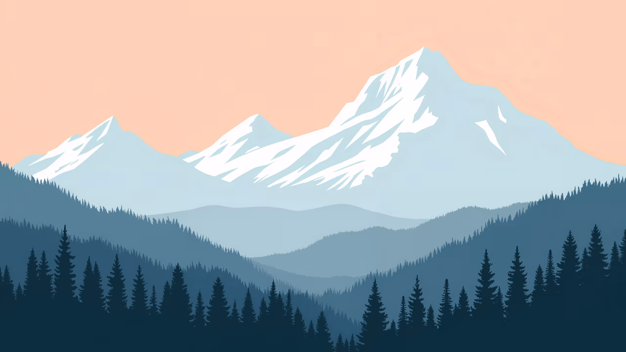 Minimalist mountain landscape with evergreens and soft sky tones.