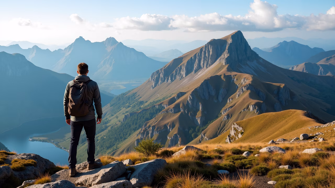 Solitary hiker admiring mountainous landscape with serene lake and golden grass under clear sky.