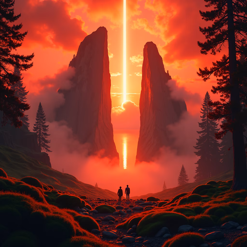 Two figures stand amidst towering cliffs under a mystical sunset, creating a serene and awe-inspiring scene.