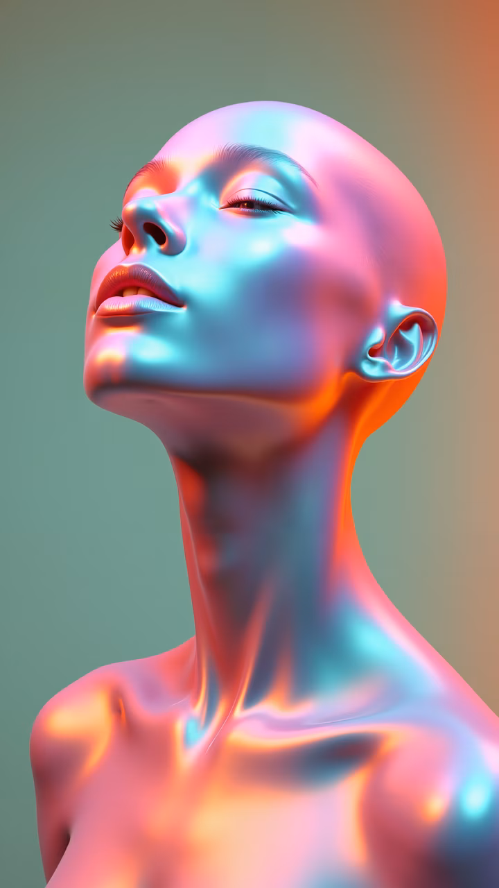 Vibrant neon portrait of a serene figure in a surreal, futuristic setting.