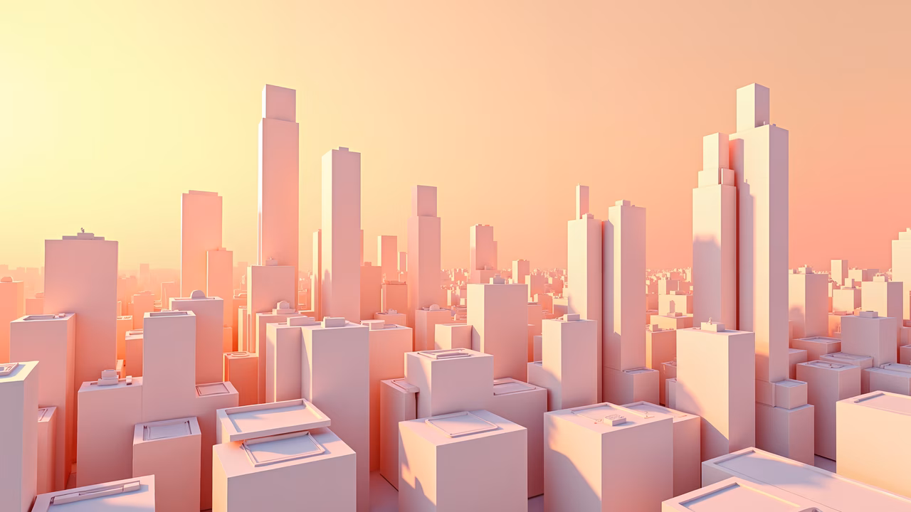 Minimalist pastel cityscape illustration with soft colors and clean lines.