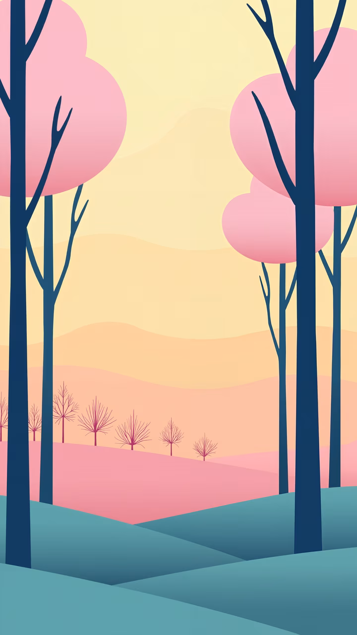 A peaceful forest scene with pastel colors and stylized trees.