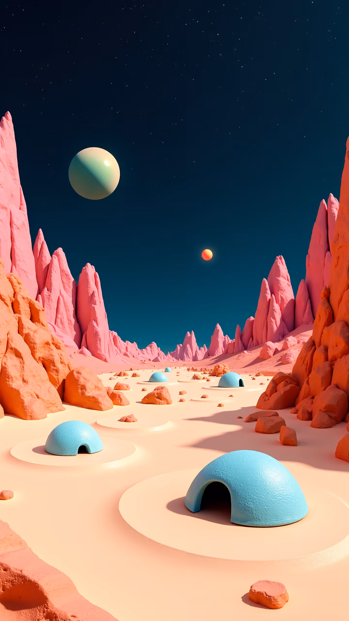 Pastel-colored domes in a fantastical alien landscape under a starry sky.