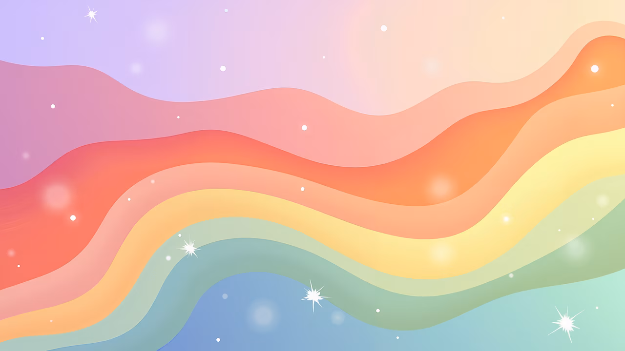 Soft pastel rainbow waves with whimsical stars create a tranquil and joyful atmosphere.