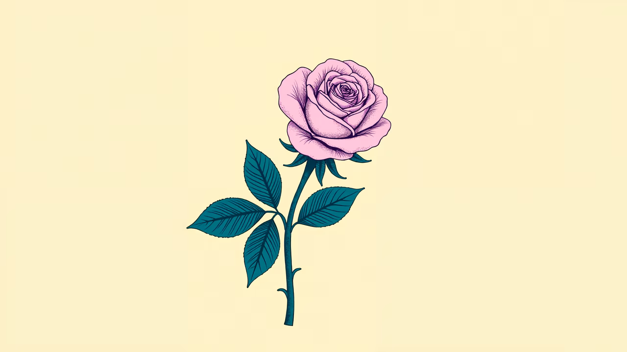 Delicate pink rose with vibrant green leaves on a soft yellow background.