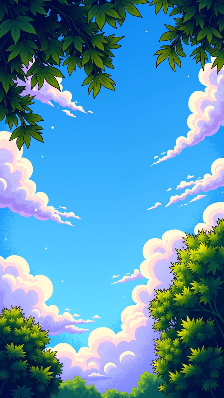 A peaceful sky scene with pastel clouds and green foliage, perfect for nature lovers.