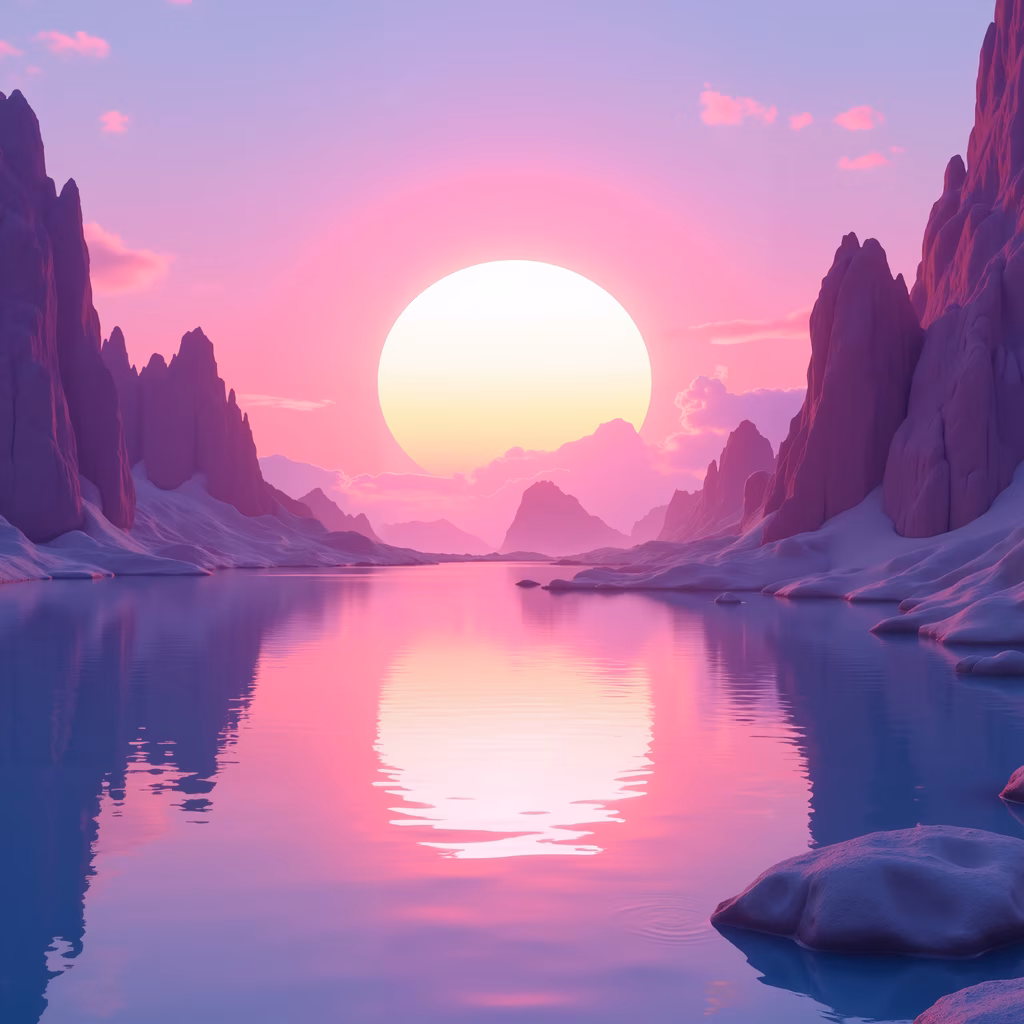 A peaceful sunset scene with vibrant pastel colors and reflective water.