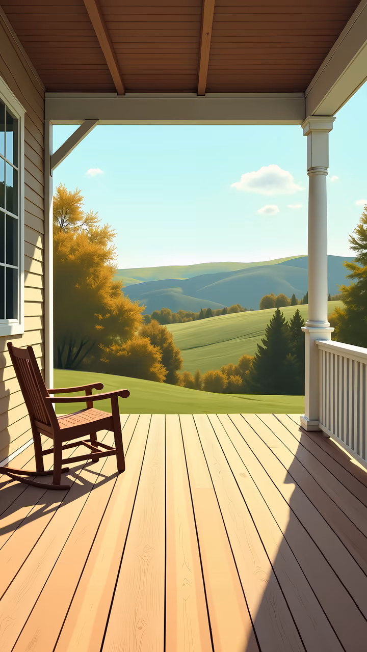 A peaceful porch scene with rolling hills and a rocking chair, perfect for relaxation.
