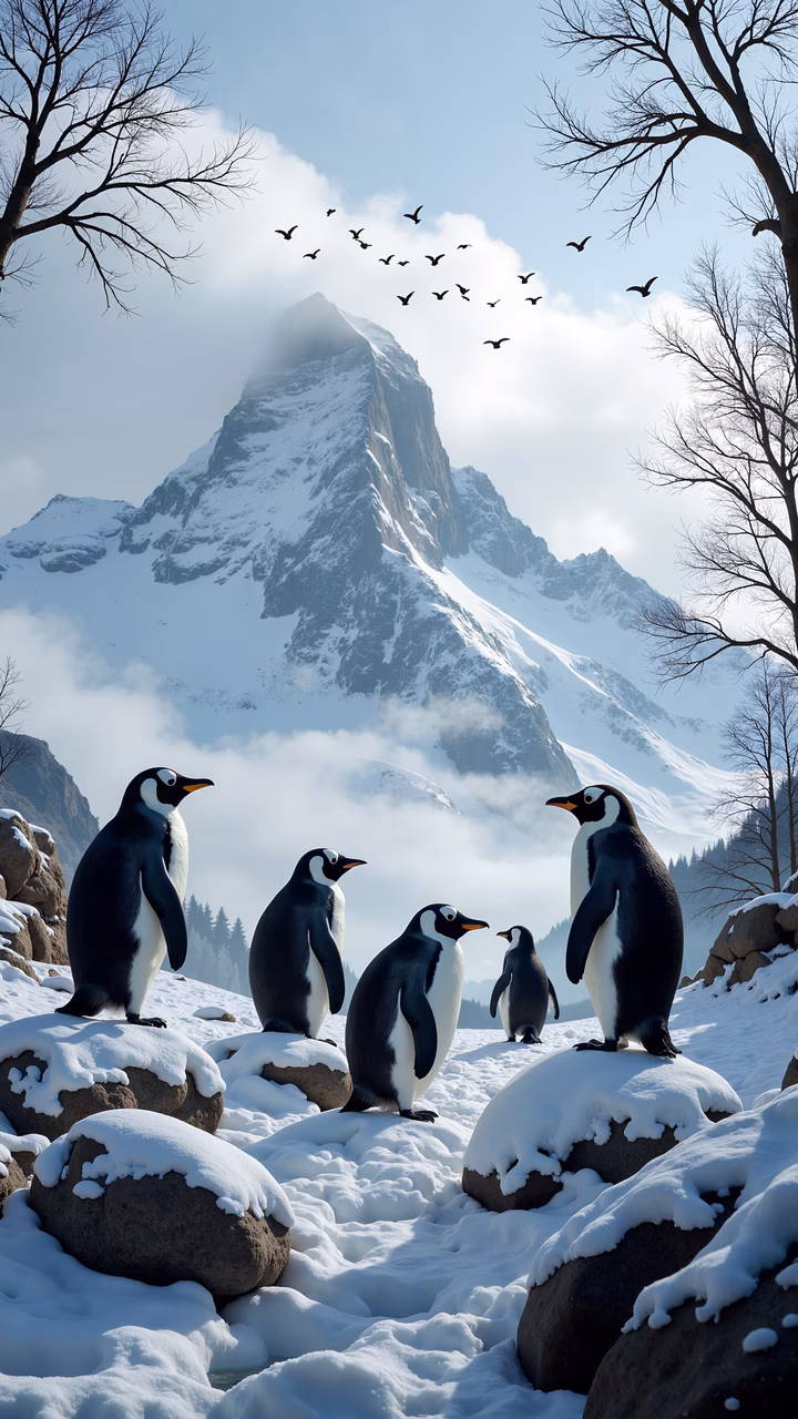 A group of penguins in a snowy mountain landscape, perfect for nature enthusiasts and winter lovers.