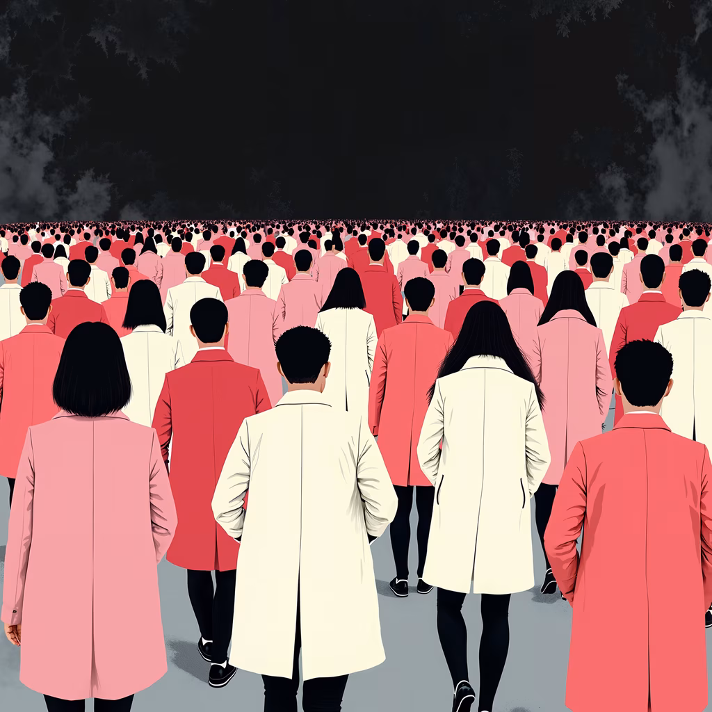A crowd of people in pink and white coats walking away into a dark, foggy landscape.