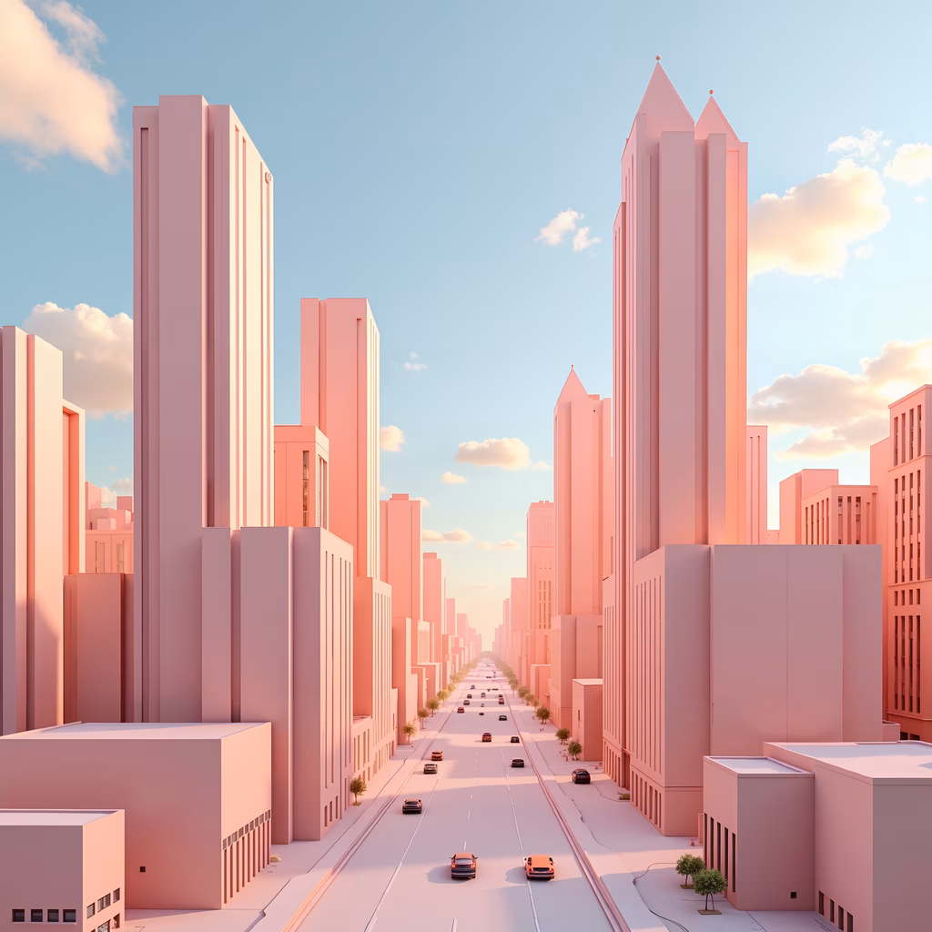 Pastel pink cityscape with futuristic skyscrapers and minimalistic design.