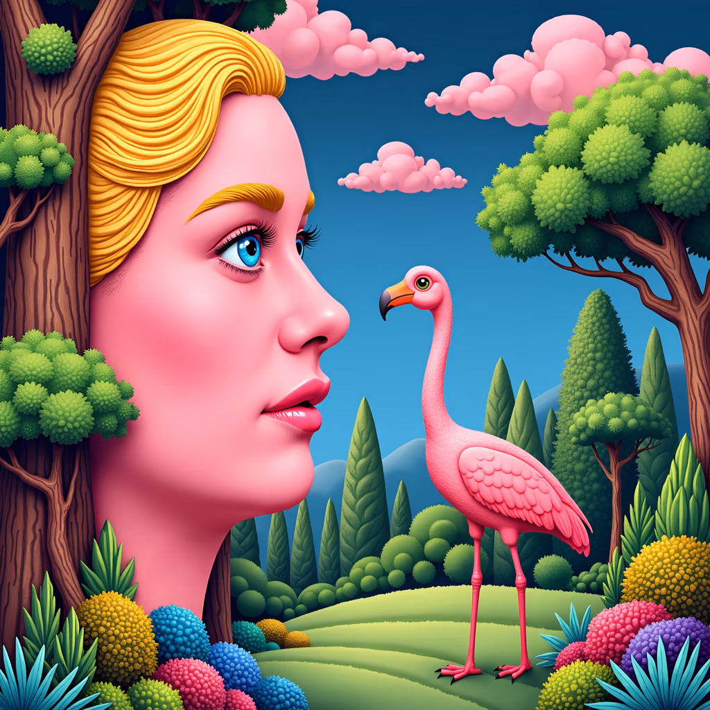 A whimsical pink-skinned portrait amidst a fantastical landscape with a pink flamingo.