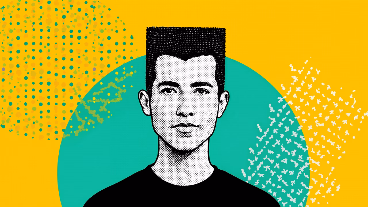 Bold pop art portrait with vibrant colors and halftone textures.
