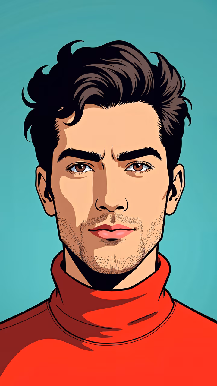 Bold pop art portrait with vibrant colors and intense gaze.