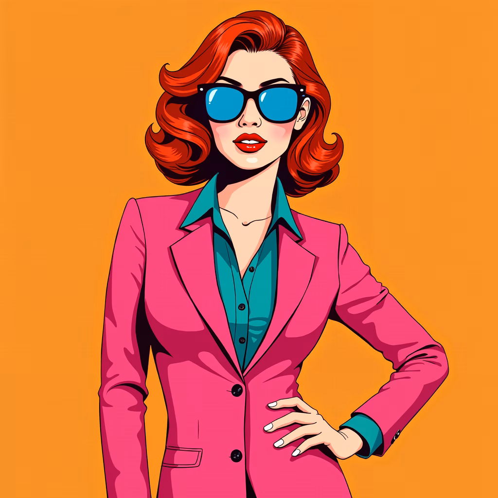 Bold pop art illustration of a fashionable woman in a pink blazer and sunglasses against an orange backdrop.