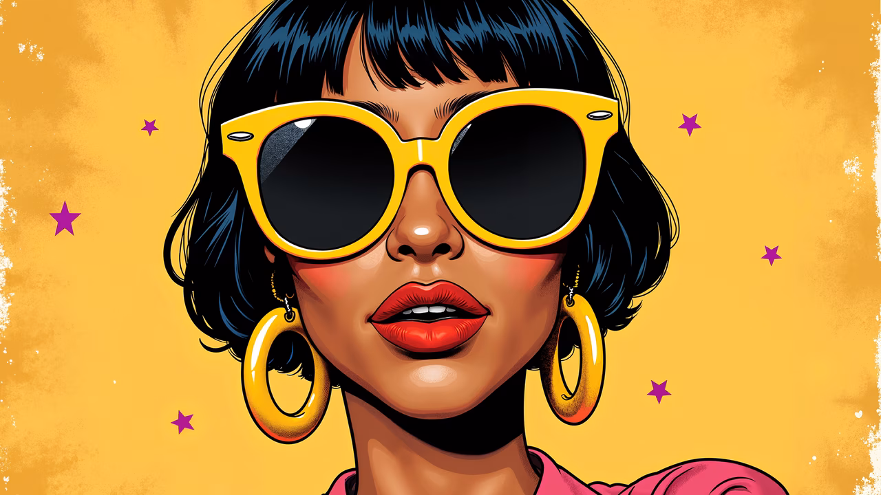 Bold pop art illustration featuring a woman with oversized sunglasses and vibrant colors.