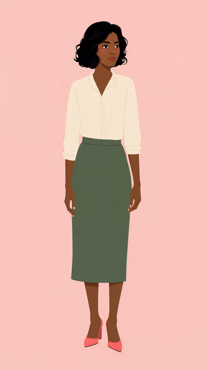 Elegant professional attire on a soft pink backdrop.