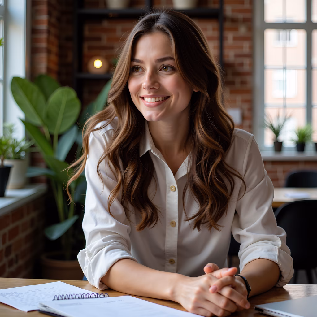 Confident professional portrait in a modern office setting.