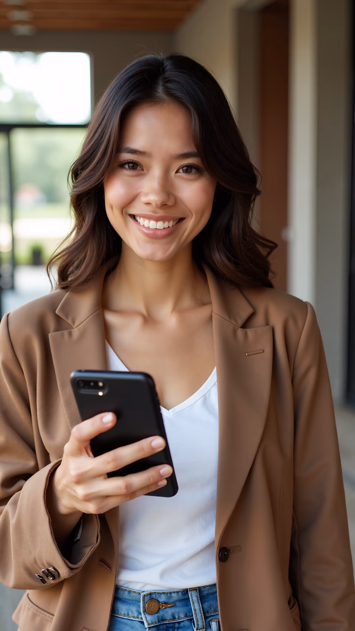 Professional woman smiling while holding her phone in a modern setting.