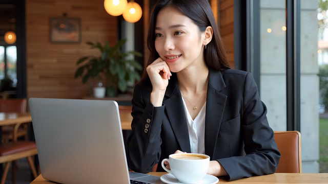 Professional Woman Working in Cafe