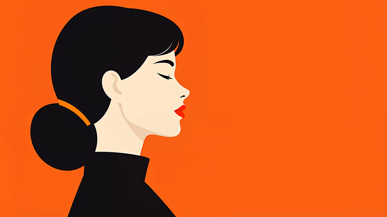 Minimalist profile silhouette with bold red lips and vibrant orange background.